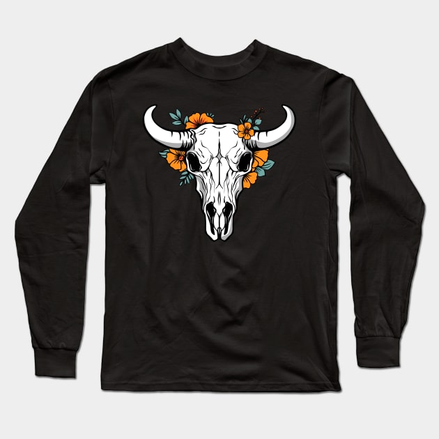 illustration of a cow skull head, with beautiful flowers Long Sleeve T-Shirt by InshynaArt